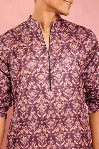 purple silk blend kurta | floral digital print with metallic foil embellishments