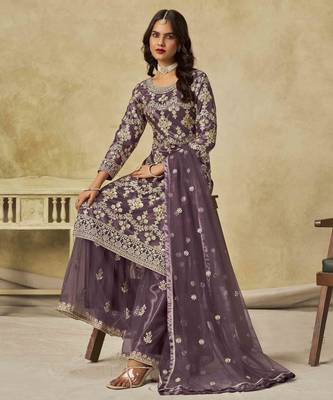 Purple net heavy thread embroidery with sequins work palazzo suit 4