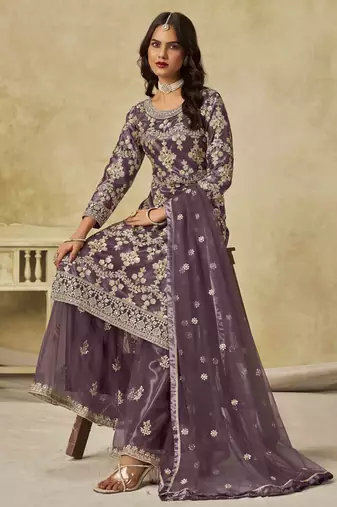 Purple net heavy thread embroidery with sequins work palazzo suit