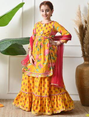 Girl's yellow floral printed kurta skirt set with dupatta   festive ethnic wear ilksd10 1