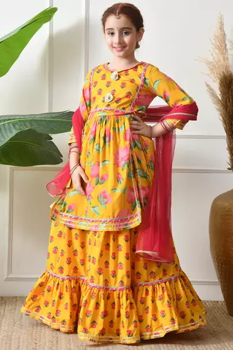 Girl's yellow floral printed kurta skirt  set with dupatta     festive ethnic wear ilksd10