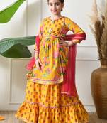 Girl's yellow floral printed kurta skirt  set with dupatta     festive ethnic wear ilksd10