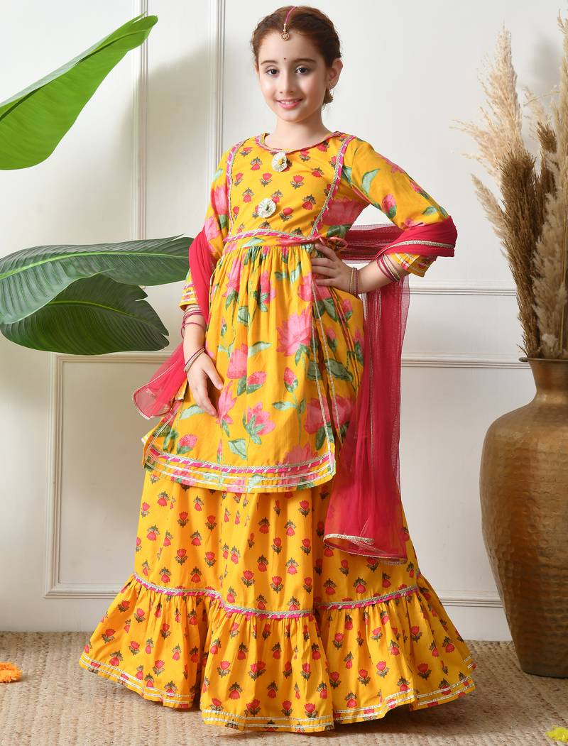 Girl's yellow floral printed kurta skirt  set with dupatta     festive ethnic wear ilksd10