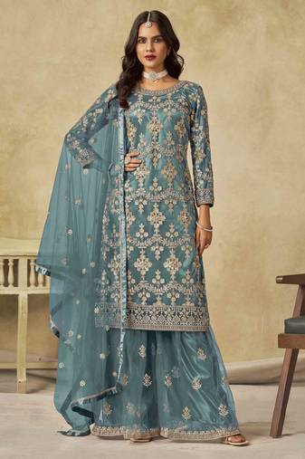 Light teal net heavy thread embroidery with sequins work palazzo suit