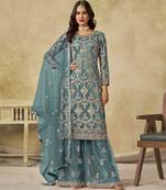 Light teal net heavy thread embroidery with sequins work palazzo suit