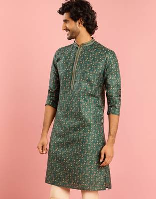 bottle green printed & embroidered cotton kurta | wedding summer festive wear 4