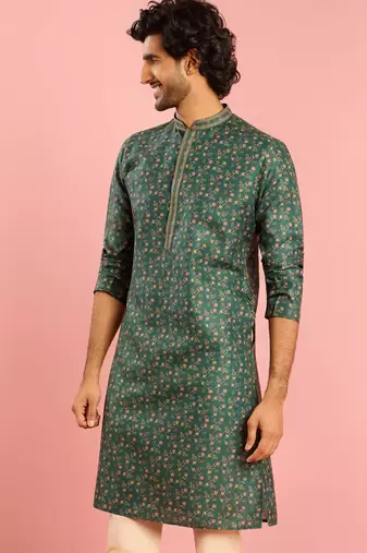 bottle green printed & embroidered cotton kurta | wedding summer festive wear