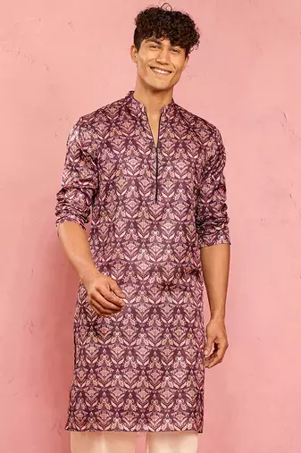 purple silk blend kurta | floral digital print with metallic foil embellishments