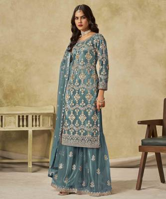 Light teal net heavy thread embroidery with sequins work palazzo suit 2