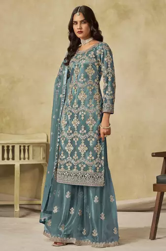 Light teal net heavy thread embroidery with sequins work palazzo suit