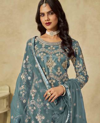 Light teal net heavy thread embroidery with sequins work palazzo suit 3