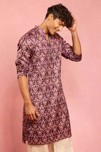 purple silk blend kurta | floral digital print with metallic foil embellishments