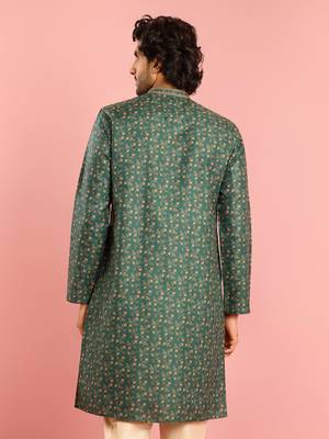 bottle green printed & embroidered cotton kurta | wedding summer festive wear 5