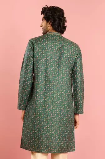bottle green printed & embroidered cotton kurta | wedding summer festive wear