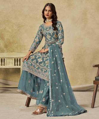 Light teal net heavy thread embroidery with sequins work palazzo suit 4