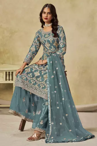 Light teal net heavy thread embroidery with sequins work palazzo suit