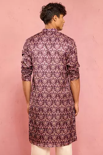 purple silk blend kurta | floral digital print with metallic foil embellishments