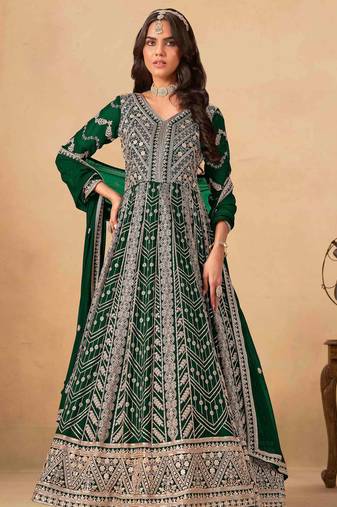 Green faux georgette heavy thread embroidery with sequins work salwar kameez