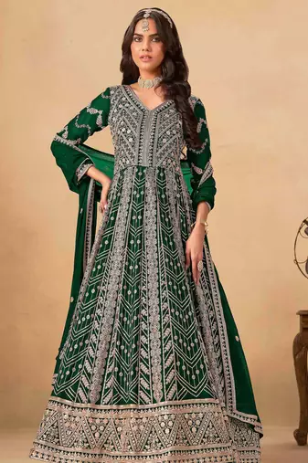 Green faux georgette heavy thread embroidery with sequins work salwar kameez