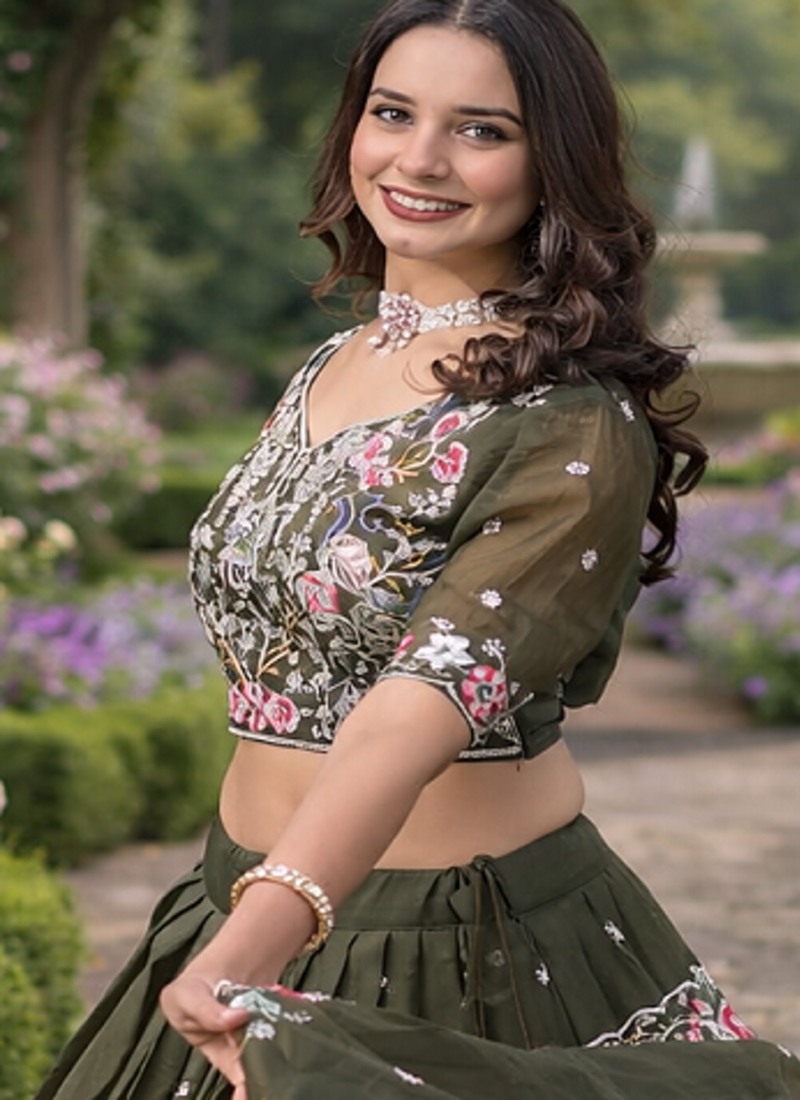 olive gold crush zari sequin embroidered lehenga set