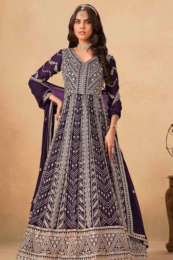 Wine faux georgette heavy thread embroidery with sequins work salwar kameez