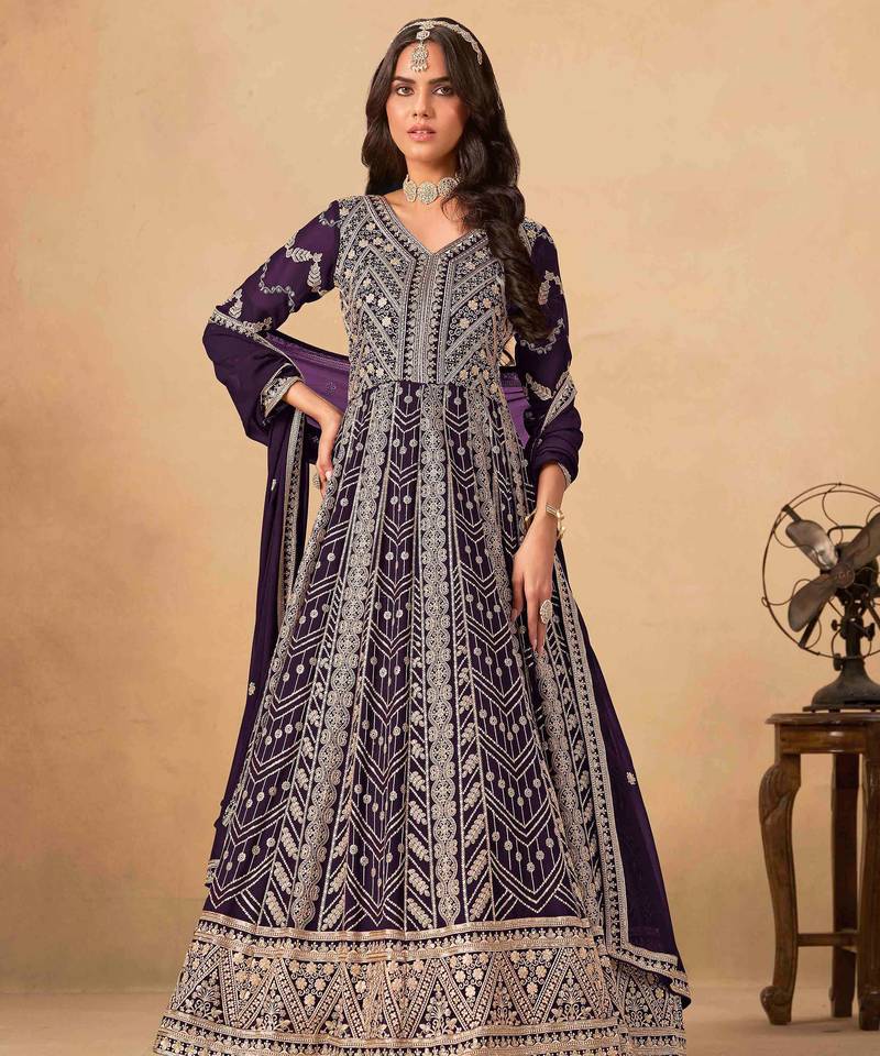 Wine faux georgette heavy thread embroidery with sequins work salwar kameez