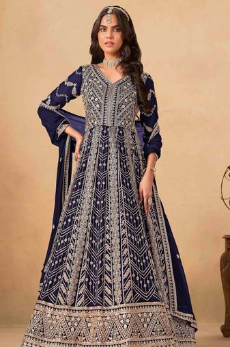 Navy blue faux georgette heavy thread embroidery with sequins work salwar kameez