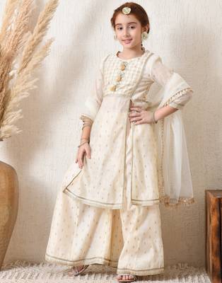 Girls' cream & gold ethnic sharara set with dupatta     festive wear for girls ilksd12 1