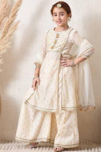 Girls' cream & gold ethnic sharara set with dupatta     festive wear for girls ilksd12