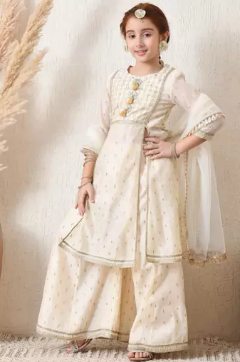 Girls' cream & gold ethnic sharara set with dupatta     festive wear for girls ilksd12