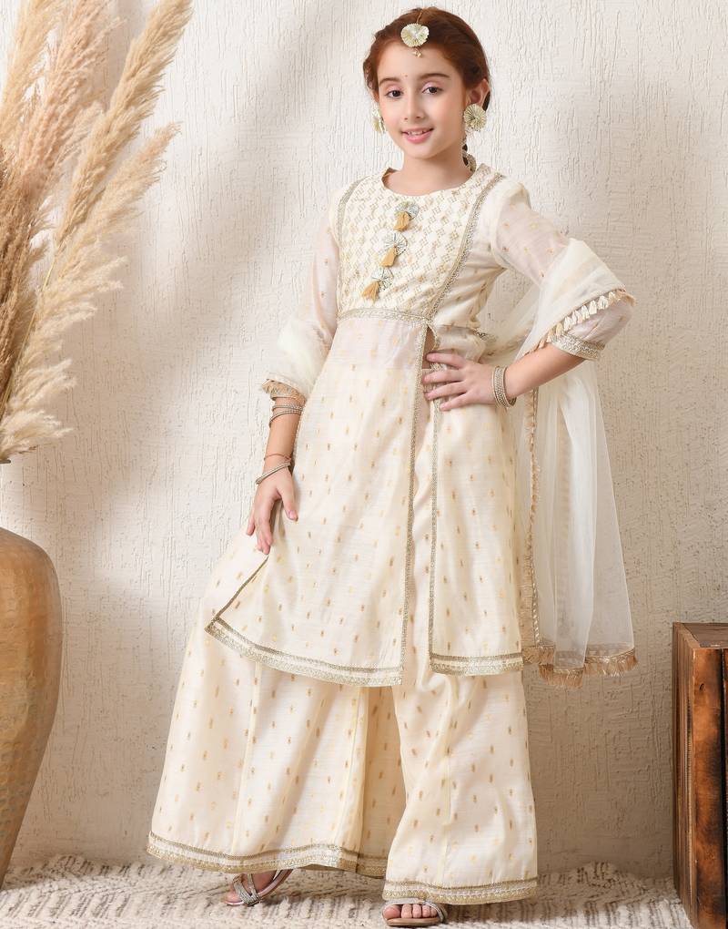 Girls' cream & gold ethnic sharara set with dupatta     festive wear for girls ilksd12