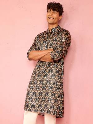 bottle green silk blend kurta | floral digital print with metallic foil accents 1
