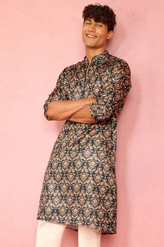 bottle green silk blend kurta | floral digital print with metallic foil accents