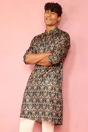 bottle green silk blend kurta | floral digital print with metallic foil accents