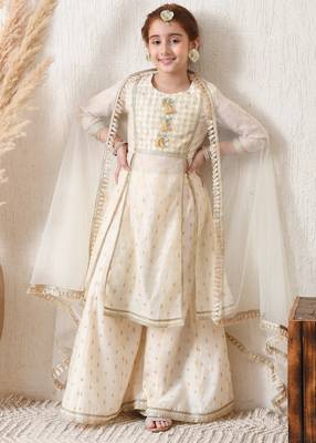 Girls' cream & gold ethnic sharara set with dupatta     festive wear for girls ilksd12 2
