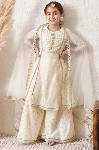 Girls' cream & gold ethnic sharara set with dupatta     festive wear for girls ilksd12