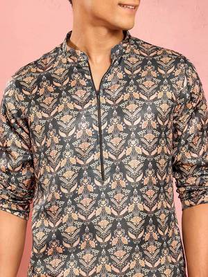 bottle green silk blend kurta | floral digital print with metallic foil accents 2
