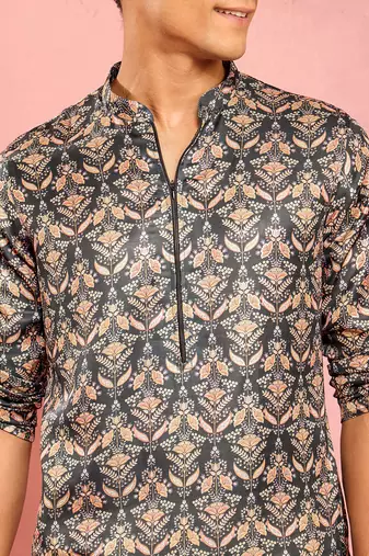 bottle green silk blend kurta | floral digital print with metallic foil accents