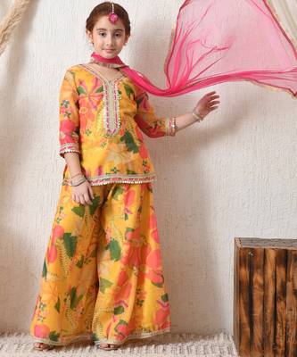 Girls' bright yellow floral printed sharara set with pink dupatta   festive ethnic wear for girls ilksd13 1