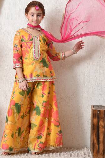 Girls' bright yellow floral printed sharara set with pink dupatta     festive ethnic wear for girls ilksd13