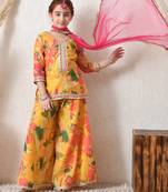 Girls' bright yellow floral printed sharara set with pink dupatta     festive ethnic wear for girls ilksd13