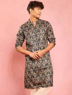 bottle green silk blend kurta | floral digital print with metallic foil accents 3