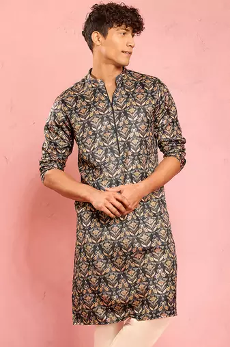 bottle green silk blend kurta | floral digital print with metallic foil accents