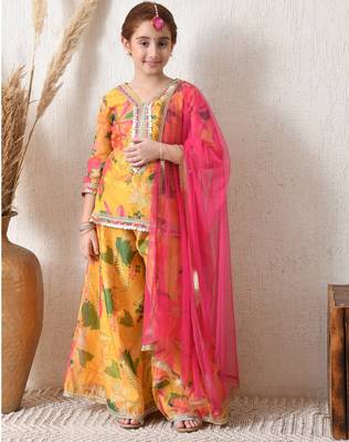 Girls' bright yellow floral printed sharara set with pink dupatta   festive ethnic wear for girls ilksd13 2