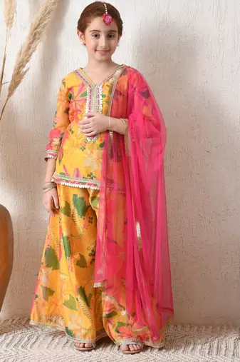 Girls' bright yellow floral printed sharara set with pink dupatta   festive ethnic wear for girls ilksd13