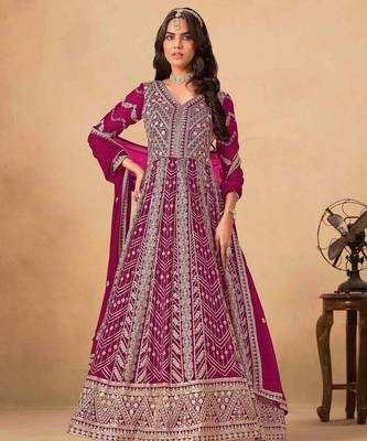 Dark pink faux georgette heavy thread embroidery with sequins work salwar kameez 1