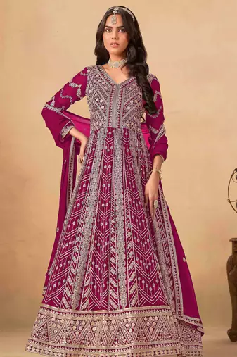 Dark pink faux georgette heavy thread embroidery with sequins work salwar kameez