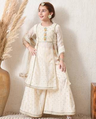 Girls' cream & gold ethnic sharara set with dupatta     festive wear for girls ilksd12 4