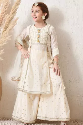 Girls' cream & gold ethnic sharara set with dupatta     festive wear for girls ilksd12