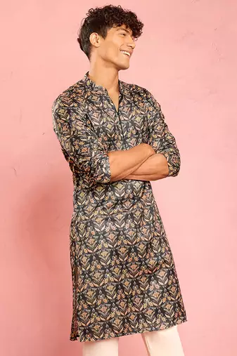 bottle green silk blend kurta | floral digital print with metallic foil accents